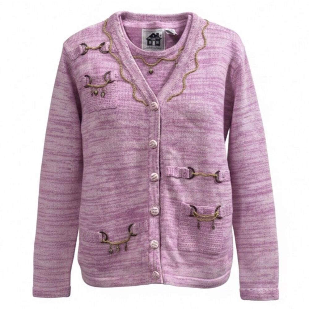 Storybook Knits VTG RARE Womens XS Pink Cardigan 2 pc Set Gold Charm HSN Vintage